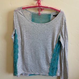 American Eagle Vintage Gray & Turquoise Lace Long Tee Shirt Too M AE